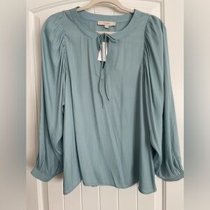 LOFT Mint Green/Blue Blouse with Tie Front and Long Sleeves
